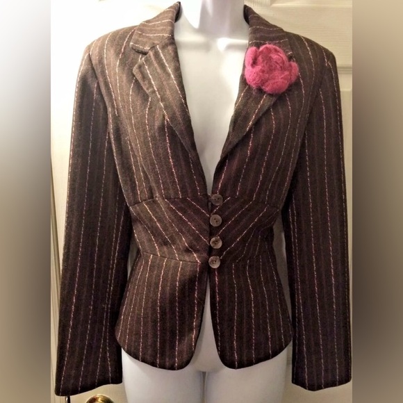 J.JILL Espresso Brown Wool Blends Blazer Pink Striped Flower Rosette Appliqué - Picture 1 of 10